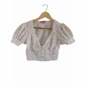Sugar Thrillz White Eyelet Puff Sleeve Cropped Blouse Womens Size S